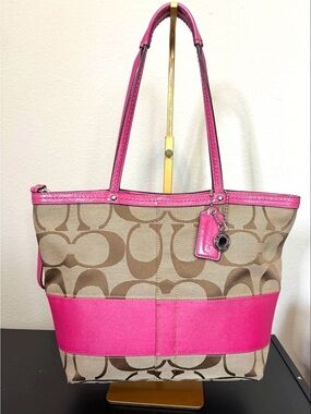 Coach Tan Signature Canvas Tote with Hot Pink Trim